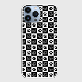 Чехол для iPhone 13 Pro Max с принтом Следы на Шахматном Фоне в Кировске,  |  | black white | chess | dog | dog pawprints | paws | животное | зверь | лапы | пёс | следы от лап | собака | собачьи следы от лап | хищник | чёрно белое | шахматка | щенок