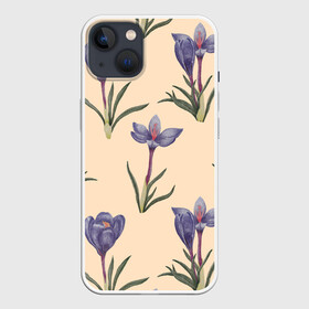 Чехол для iPhone 13 с принтом Цветы шафрана на бежевом фоне в Кировске,  |  | 8 марта | flowers | march 8 | spring | бежевый | ботаническая иллюстрация | весна | день рождения | зеленый | лето | любовь | праздник | принт | природа | растения | фиолетовый | цветы | шафран