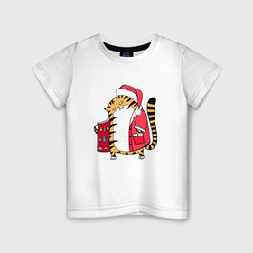 Детская футболка хлопок с принтом Тигр тайно продает рыбу в Кировске, 100% хлопок | круглый вырез горловины, полуприлегающий силуэт, длина до линии бедер | 2022 | год тигра | новый год | новый год 2022 | символ года | тигр | тигренок | тигрица | тигры