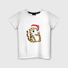 Детская футболка хлопок с принтом Удивленный новогодний тигр в Кировске, 100% хлопок | круглый вырез горловины, полуприлегающий силуэт, длина до линии бедер | Тематика изображения на принте: 2022 | год тигра | новый год | новый год 2022 | символ года | тигр | тигренок | тигрица | тигры