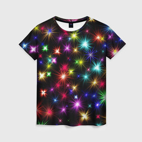 Женская футболка 3D с принтом ПРАЗДНИЧНЫЕ ОГОНЬКИ в Кировске, 100% полиэфир ( синтетическое хлопкоподобное полотно) | прямой крой, круглый вырез горловины, длина до линии бедер | christmas | lights | new year | stars | гирлянда | звезды | зима | новый год | огни | праздник | разноцветные | текстура | яркие