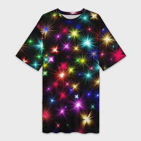 Платье-футболка 3D с принтом ПРАЗДНИЧНЫЕ ОГОНЬКИ в Кировске,  |  | christmas | lights | new year | stars | гирлянда | звезды | зима | новый год | огни | праздник | разноцветные | текстура | яркие