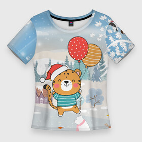 Женская футболка 3D Slim с принтом Новогодний тигренок с шариками в Кировске,  |  | 2022 | год тигра | новый год | новый год 2022 | символ года | тигр | тигренок | тигрица | тигры