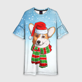 Детское платье 3D с принтом Новогодний Корги   New Years Corgi в Кировске, 100% полиэстер | прямой силуэт, чуть расширенный к низу. Круглая горловина, на рукавах — воланы | Тематика изображения на принте: christmas | corgi | dog | santa | дед мороз | елка | зима | корги | новый год | рождество | санта | снег | снегурочка | снежинка | собака | собачка | щенок