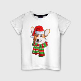Детская футболка хлопок с принтом Новогодний Вельш корги в Кировске, 100% хлопок | круглый вырез горловины, полуприлегающий силуэт, длина до линии бедер | christmas | corgi | dog | santa | дед мороз | елка | зима | корги | новый год | рождество | санта | снег | снегурочка | снежинка | собака | собачка | щенок