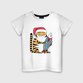Детская футболка хлопок с принтом Тигр с большой рыбой в Кировске, 100% хлопок | круглый вырез горловины, полуприлегающий силуэт, длина до линии бедер | 2022 | год тигра | новый год | новый год 2022 | символ года | тигр | тигренок | тигрица | тигры