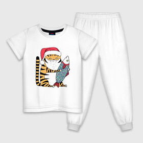 Детская пижама хлопок с принтом Тигр с большой рыбой в Кировске, 100% хлопок |  брюки и футболка прямого кроя, без карманов, на брюках мягкая резинка на поясе и по низу штанин
 | 2022 | год тигра | новый год | новый год 2022 | символ года | тигр | тигренок | тигрица | тигры