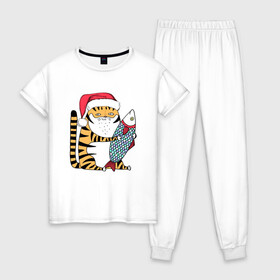 Женская пижама хлопок с принтом Тигр с большой рыбой в Кировске, 100% хлопок | брюки и футболка прямого кроя, без карманов, на брюках мягкая резинка на поясе и по низу штанин | 2022 | год тигра | новый год | новый год 2022 | символ года | тигр | тигренок | тигрица | тигры
