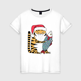 Женская футболка хлопок с принтом Тигр с большой рыбой в Кировске, 100% хлопок | прямой крой, круглый вырез горловины, длина до линии бедер, слегка спущенное плечо | 2022 | год тигра | новый год | новый год 2022 | символ года | тигр | тигренок | тигрица | тигры