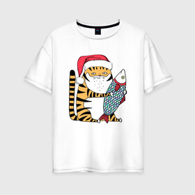 Женская футболка хлопок Oversize с принтом Тигр с большой рыбой в Кировске, 100% хлопок | свободный крой, круглый ворот, спущенный рукав, длина до линии бедер
 | 2022 | год тигра | новый год | новый год 2022 | символ года | тигр | тигренок | тигрица | тигры