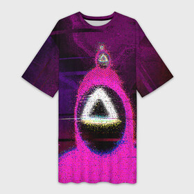 Платье-футболка 3D с принтом Squid game glitch в Кировске,  |  | abstraction | glitch | squid game | абстракция | глитч | глич | игра в кальмара | игра кальмара | маска | маска с треугольником | разводы | розовый костюм | треугольник | узоры