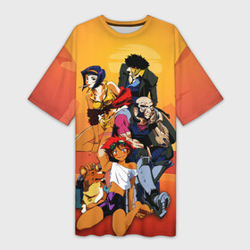 Платье-футболка 3D с принтом Cowboy All в Кировске,  |  | corgi | cowboy bebop | ed | edd | edward | edward wong | ein | fei | fei valentain | jet | jet black | spike | spike spiegel | аниме | боевик | вестер | детектив | джет | джет блэк | ед | ен | иен | ковбой бибоп | корги | космический | манга | спайк | спа