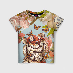 Детская футболка 3D с принтом Тигр и бабочки в Кировске, 100% гипоаллергенный полиэфир | прямой крой, круглый вырез горловины, длина до линии бедер, чуть спущенное плечо, ткань немного тянется | 2022 | 2022 тигр | бабочка | бабочка и тигр | бабочки | восточный тигр | восточный узор | иероглиф тигра | китай | китайский пейзаж | китайский тигр | новый год | тигр | тигр 2022 | тигр и бабочка