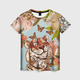 Женская футболка 3D с принтом Тигр и бабочки в Кировске, 100% полиэфир ( синтетическое хлопкоподобное полотно) | прямой крой, круглый вырез горловины, длина до линии бедер | 2022 | 2022 тигр | бабочка | бабочка и тигр | бабочки | восточный тигр | восточный узор | иероглиф тигра | китай | китайский пейзаж | китайский тигр | новый год | тигр | тигр 2022 | тигр и бабочка
