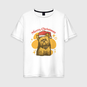 Женская футболка хлопок Oversize с принтом Merry Christmas в Кировске, 100% хлопок | свободный крой, круглый ворот, спущенный рукав, длина до линии бедер
 | art | christmas | dog | drawing | hat | new year | stars | арт | звезды | новый год | пес | рисунок | рождество | собака | собака в шапке