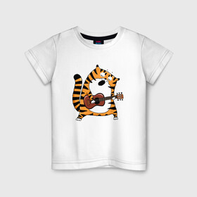 Детская футболка хлопок с принтом Тигр играет на гитаре в Кировске, 100% хлопок | круглый вырез горловины, полуприлегающий силуэт, длина до линии бедер | 2022 | год тигра | новый год | новый год 2022 | символ года | тигр | тигренок | тигрица | тигры