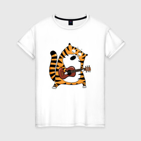 Женская футболка хлопок с принтом Тигр играет на гитаре в Кировске, 100% хлопок | прямой крой, круглый вырез горловины, длина до линии бедер, слегка спущенное плечо | 2022 | год тигра | новый год | новый год 2022 | символ года | тигр | тигренок | тигрица | тигры
