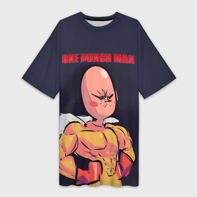 Платье-футболка 3D с принтом Карикатурный Сайтама One Punch Man в Кировске,  |  | hagemanto | one punch man | one punchman | onepunchman | saitama | sensei | аниме | ван панч мен | ванпанчмен | лысый плащ | манга | сайтама | сильнейший человек | учитель | человек одинудар | человек одного удара