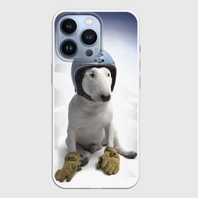 Чехол для iPhone 13 Pro с принтом Bully   легендарный гонщик в Кировске,  |  | Тематика изображения на принте: bull terrier | dog | flag | gloves | helmet | motorsport | muzzle | paws | racer | автоспорт | бультерьер | гонщик | лапы | перчатки | собака | флаг | шлем