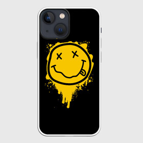 Чехол для iPhone 13 mini с принтом NIRVANA LOGO SMILE, БРЫЗГИ КРАСОК в Кировске,  |  | band | cobain | face | kurt | logo | music | nirvana | rock | rocknroll | группа | кобейн | курт | лого | логотип | музыка | музыкальная | нирвана | рожица | рок | рокнролл | символ