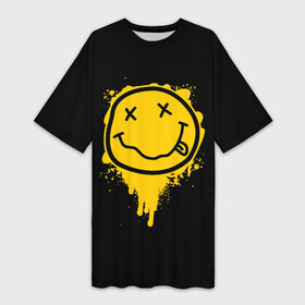 Платье-футболка 3D с принтом NIRVANA LOGO SMILE, БРЫЗГИ КРАСОК в Кировске,  |  | band | cobain | face | kurt | logo | music | nirvana | rock | rocknroll | группа | кобейн | курт | лого | логотип | музыка | музыкальная | нирвана | рожица | рок | рокнролл | символ