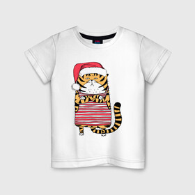 Детская футболка хлопок с принтом Недовольный повар   тигр в Кировске, 100% хлопок | круглый вырез горловины, полуприлегающий силуэт, длина до линии бедер | 2022 | год тигра | новый год | новый год 2022 | символ года | тигр | тигренок | тигрица | тигры