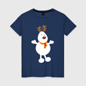 Женская футболка хлопок с принтом Олень снеговик 01 в Кировске, 100% хлопок | прямой крой, круглый вырез горловины, длина до линии бедер, слегка спущенное плечо | 2022новыгод | 2023новыгод | василинка | дед мороз | ёлки | новый год | олень | снегови | снеговик олень