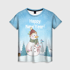 Женская футболка 3D с принтом Снеговик во дворе в Кировске, 100% полиэфир ( синтетическое хлопкоподобное полотно) | прямой крой, круглый вырез горловины, длина до линии бедер | 2022 | год тигра | новый год | новый год 2022 | символ года | тигр | тигренок | тигрица | тигры
