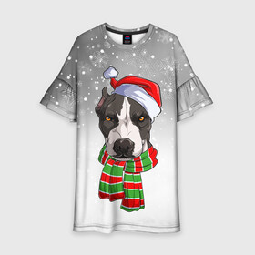 Детское платье 3D с принтом Новогодний Питбуль   New Years Pit bull в Кировске, 100% полиэстер | прямой силуэт, чуть расширенный к низу. Круглая горловина, на рукавах — воланы | christmas | dog | pit bull | santa | дед мороз | зима | новый год | питбуль | рождество | санта | снег | снежинка | собака | собачка | щенок