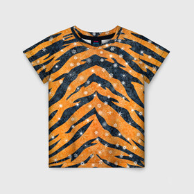 Детская футболка 3D с принтом Новогодняя шкура тигра в Кировске, 100% гипоаллергенный полиэфир | прямой крой, круглый вырез горловины, длина до линии бедер, чуть спущенное плечо, ткань немного тянется | Тематика изображения на принте: 2022 | новый год | оранжевый | полосатый | полоски | полосы | снег | снежинки | тгриный | тигр