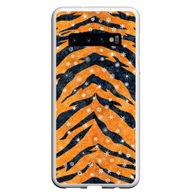 Чехол для Samsung Galaxy S10 с принтом Новогодняя шкура тигра в Кировске, Силикон | Область печати: задняя сторона чехла, без боковых панелей | 2022 | новый год | оранжевый | полосатый | полоски | полосы | снег | снежинки | тгриный | тигр