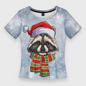 Женская футболка 3D Slim с принтом Новогодний Енот Санта в Кировске,  |  | Тематика изображения на принте: christmas | santa | дед мороз | енот | зима | новый год | рождество | санта | снег | снежинка