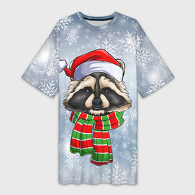 Платье-футболка 3D с принтом Новогодний Енот Санта в Кировске,  |  | Тематика изображения на принте: christmas | santa | дед мороз | енот | зима | новый год | рождество | санта | снег | снежинка