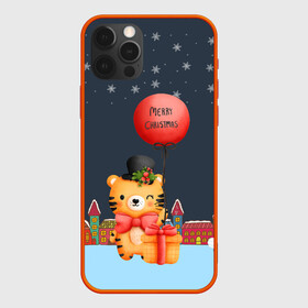Чехол для iPhone 12 Pro с принтом Новогодний тигренок с красным шариком в Кировске, силикон | область печати: задняя сторона чехла, без боковых панелей | Тематика изображения на принте: 2022 | год тигра | новый год | новый год 2022 | символ года | тигр | тигренок | тигрица | тигры