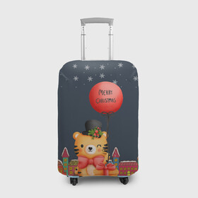 Чехол для чемодана 3D с принтом Новогодний тигренок с красным шариком в Кировске, 86% полиэфир, 14% спандекс | двустороннее нанесение принта, прорези для ручек и колес | 2022 | год тигра | новый год | новый год 2022 | символ года | тигр | тигренок | тигрица | тигры