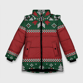 Зимняя куртка для девочек 3D с принтом Knitted Christmas Pattern в Кировске, ткань верха — 100% полиэстер; подклад — 100% полиэстер, утеплитель — 100% полиэстер. | длина ниже бедра, удлиненная спинка, воротник стойка и отстегивающийся капюшон. Есть боковые карманы с листочкой на кнопках, утяжки по низу изделия и внутренний карман на молнии. 

Предусмотрены светоотражающий принт на спинке, радужный светоотражающий элемент на пуллере молнии и на резинке для утяжки. | background | christmas | holiday | knitted | knitted pattern | pattern | trees | winter | вязаный | вязаный узор | елки | зима | праздник | рождество | узор | фон