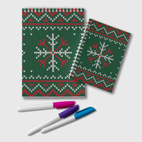 Блокнот с принтом Knitted Snowflake Pattern в Кировске, 100% бумага | 48 листов, плотность листов — 60 г/м2, плотность картонной обложки — 250 г/м2. Листы скреплены удобной пружинной спиралью. Цвет линий — светло-серый
 | background | christmas | holiday | knitted pattern | pattern | snowflakes | trees | winter | вязаный узор | елки | зима | праздник | рождество | снежинки | узор | фон