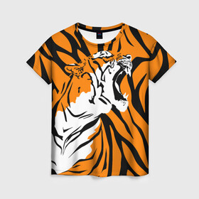 Женская футболка 3D с принтом Тигровый окрас в Кировске, 100% полиэфир ( синтетическое хлопкоподобное полотно) | прямой крой, круглый вырез горловины, длина до линии бедер | 2022 | aggressive | brindle color | fangs | in profile | new year | open mouth | predator | tiger | year of the tiger | агрессивный | в профиль | год тигра | клыки | новый год | открытая пасть | тигр | тигровый окрас | хищник