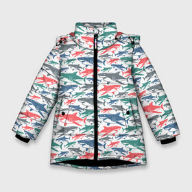 Зимняя куртка для девочек 3D с принтом Разноцветные Акулы в Кировске, ткань верха — 100% полиэстер; подклад — 100% полиэстер, утеплитель — 100% полиэстер. | длина ниже бедра, удлиненная спинка, воротник стойка и отстегивающийся капюшон. Есть боковые карманы с листочкой на кнопках, утяжки по низу изделия и внутренний карман на молнии. 

Предусмотрены светоотражающий принт на спинке, радужный светоотражающий элемент на пуллере молнии и на резинке для утяжки. | fish | ocean | predator | shark | white shark | акула | белая акула | зубы | море | морской хищник | океан | рыба | хищная рыба | хищник