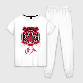 Женская пижама хлопок с принтом Китайский год тигра. в Кировске, 100% хлопок | брюки и футболка прямого кроя, без карманов, на брюках мягкая резинка на поясе и по низу штанин | 2022 | chinese | hieroglyph | look | new year | powerful | predator | red | strong | tiger | year of the tiger | взгляд | год тигра | иероглиф | китайский | красный | мощный | новый год | сильный | тигр | хищник