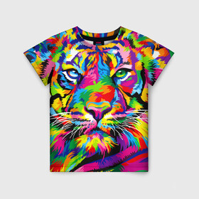 Детская футболка 3D с принтом Тигр в стиле поп арт в Кировске, 100% гипоаллергенный полиэфир | прямой крой, круглый вырез горловины, длина до линии бедер, чуть спущенное плечо, ткань немного тянется | 2022 | art | beast | mosaic | multicolored head | new year | pop art | predator | rainbow | tiger | year of the tiger | год тигра | зверь | искусство | мозаика | новый год | радужный | разноцветная голова | тигр | хищник