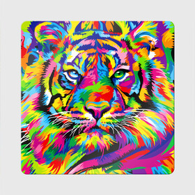 Магнит виниловый Квадрат с принтом Тигр в стиле поп арт в Кировске, полимерный материал с магнитным слоем | размер 9*9 см, закругленные углы | 2022 | art | beast | mosaic | multicolored head | new year | pop art | predator | rainbow | tiger | year of the tiger | год тигра | зверь | искусство | мозаика | новый год | радужный | разноцветная голова | тигр | хищник