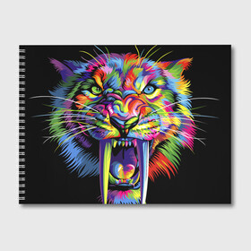 Альбом для рисования с принтом Саблезубый тигр в стиле поп арт в Кировске, 100% бумага
 | матовая бумага, плотность 200 мг. | 2022 | art | beast | colorful head | mosaic | new year | pop art | predator | rainbow | sabertoothed tiger | year of the tiger | большие клыки | год тигра | зверь | искусство | мозаика | новый год | радужный | разноцветная голова | саблезубый тиг