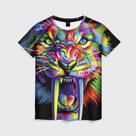 Женская футболка 3D с принтом Саблезубый тигр в стиле поп арт в Кировске, 100% полиэфир ( синтетическое хлопкоподобное полотно) | прямой крой, круглый вырез горловины, длина до линии бедер | 2022 | art | beast | colorful head | mosaic | new year | pop art | predator | rainbow | sabertoothed tiger | year of the tiger | большие клыки | год тигра | зверь | искусство | мозаика | новый год | радужный | разноцветная голова | саблезубый тиг