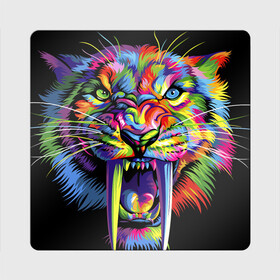 Магнит виниловый Квадрат с принтом Саблезубый тигр в стиле поп арт в Кировске, полимерный материал с магнитным слоем | размер 9*9 см, закругленные углы | 2022 | art | beast | colorful head | mosaic | new year | pop art | predator | rainbow | sabertoothed tiger | year of the tiger | большие клыки | год тигра | зверь | искусство | мозаика | новый год | радужный | разноцветная голова | саблезубый тиг