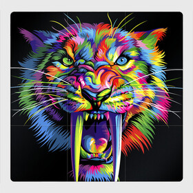Магнитный плакат 3Х3 с принтом Саблезубый тигр в стиле поп арт в Кировске, Полимерный материал с магнитным слоем | 9 деталей размером 9*9 см | 2022 | art | beast | colorful head | mosaic | new year | pop art | predator | rainbow | sabertoothed tiger | year of the tiger | большие клыки | год тигра | зверь | искусство | мозаика | новый год | радужный | разноцветная голова | саблезубый тиг