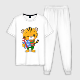 Мужская пижама хлопок с принтом Тигренок с коробкой подарков в Кировске, 100% хлопок | брюки и футболка прямого кроя, без карманов, на брюках мягкая резинка на поясе и по низу штанин
 | Тематика изображения на принте: 2022 | год тигра | новый год | новый год 2022 | символ года | тигр | тигренок | тигрица | тигры