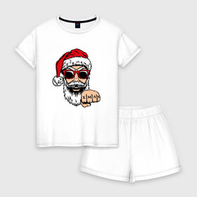 Женская пижама с шортиками хлопок с принтом Bad Santa xmas Плохой Санта в Кировске, 100% хлопок | футболка прямого кроя, шорты свободные с широкой мягкой резинкой | 2022 | santa | дед мороз | новый год | новый год 2022 | санта