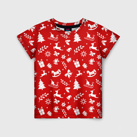 Детская футболка 3D с принтом НОВОГОДНИЙ УЗОР КРАСНО БЕЛЫЙ в Кировске, 100% гипоаллергенный полиэфир | прямой крой, круглый вырез горловины, длина до линии бедер, чуть спущенное плечо, ткань немного тянется | 2022 | beast | merry christmas | new year | red bow | santa hat | snow | tiger | winter | winter is coming | year of the tiger | год тигра | дед мороз | животные | звери | зверь | зима | зима 2022 | зима близко | новогодний свитер | новогодний у