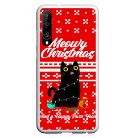 Чехол для Honor P30 с принтом MEOW | CHRISTMAS в Кировске, Силикон | Область печати: задняя сторона чехла, без боковых панелей | 2020 | 2021 | 2022 | christmas | meow | meowy christmas | merry | кот | леденец | мяу | нг | новогодний | новый год | олени | рождество | свитер | узоры